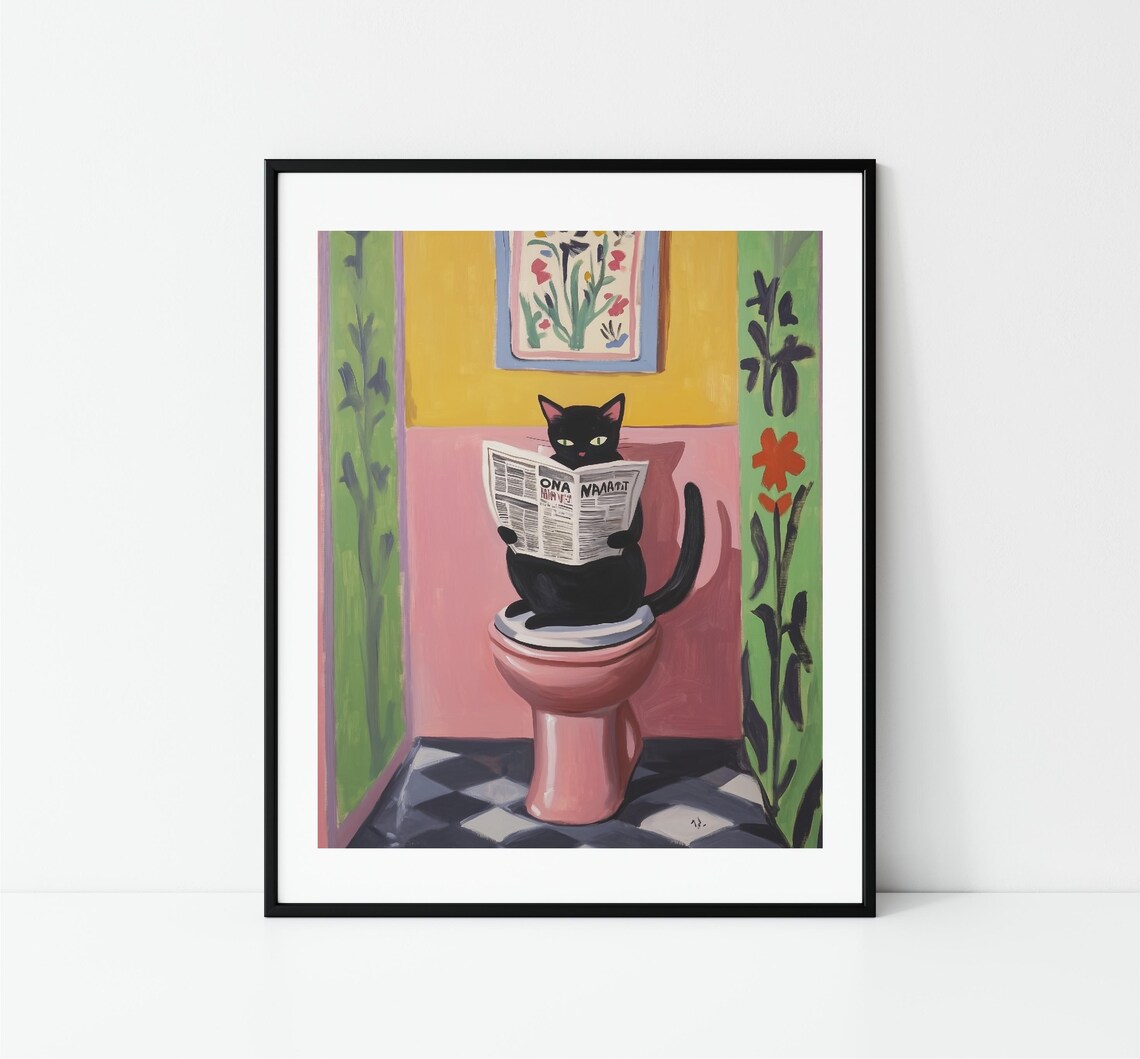 Black Cat Reading Newspaper On Pink Toilet Funny Bathroom Print - Image 3