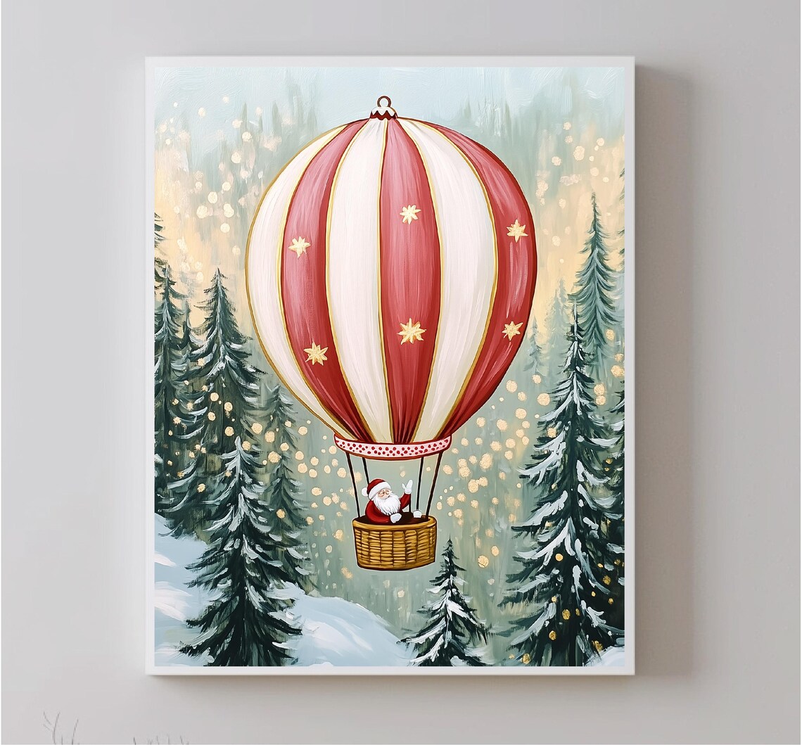 Santa Claus Hot Air Balloon Over Snowy Forest Christmas Art Poster