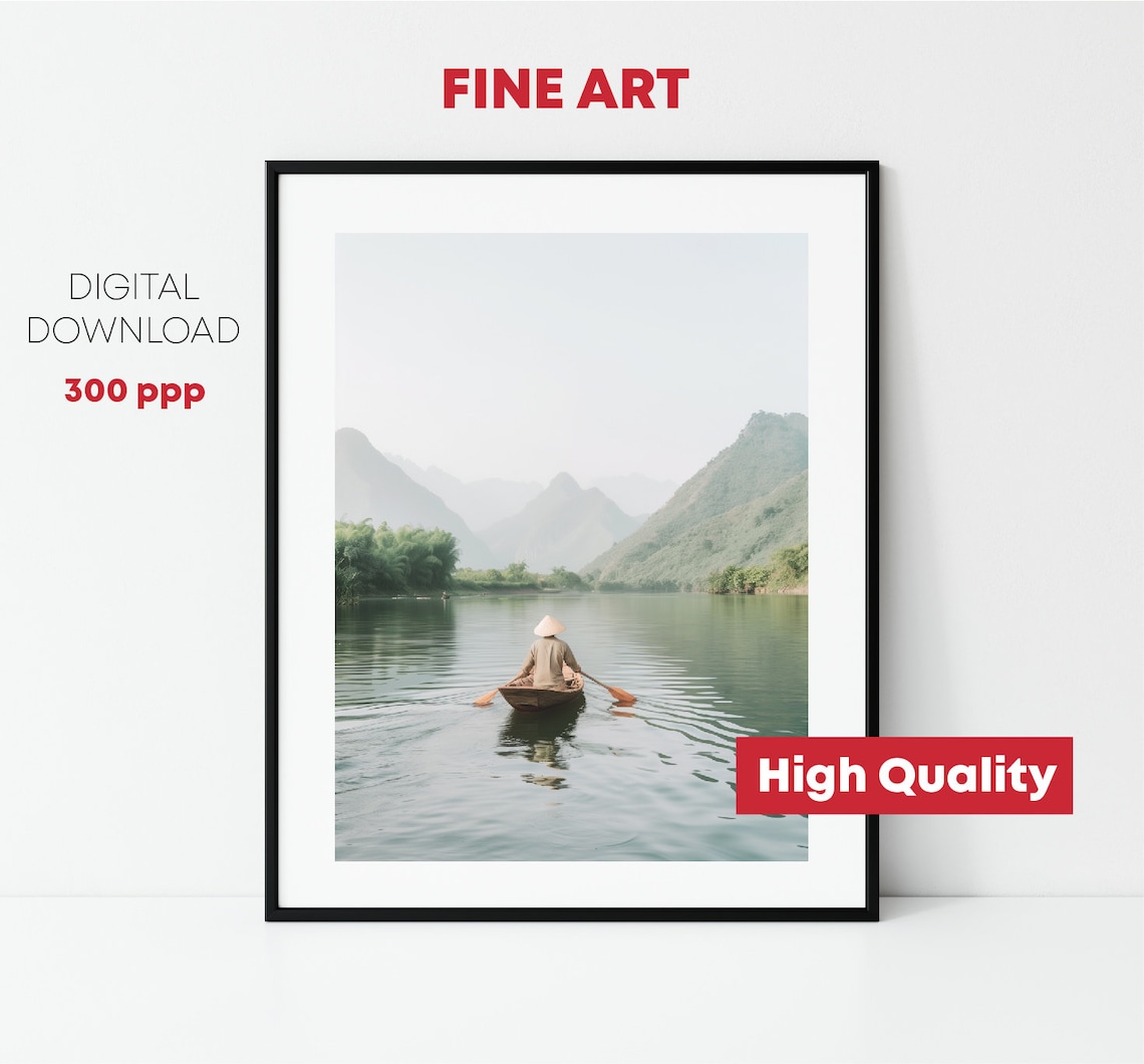 Vietnam River Rowboat Misty Green Mountains Serene Travel Poster - Image 2