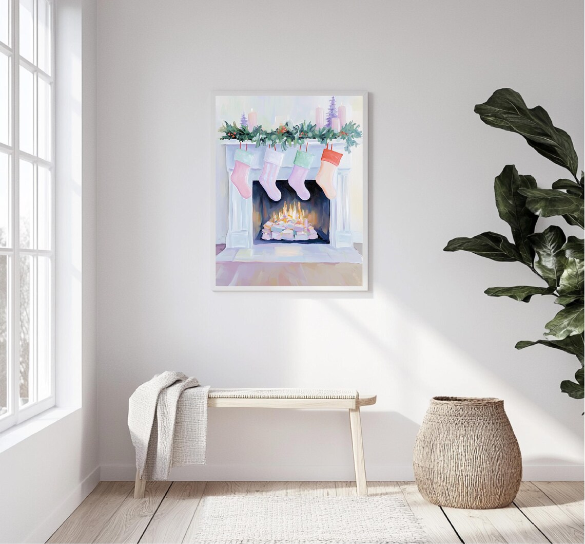 White Fireplace Pastel Stockings Garland Cozy Christmas Mantel Poster - Image 5
