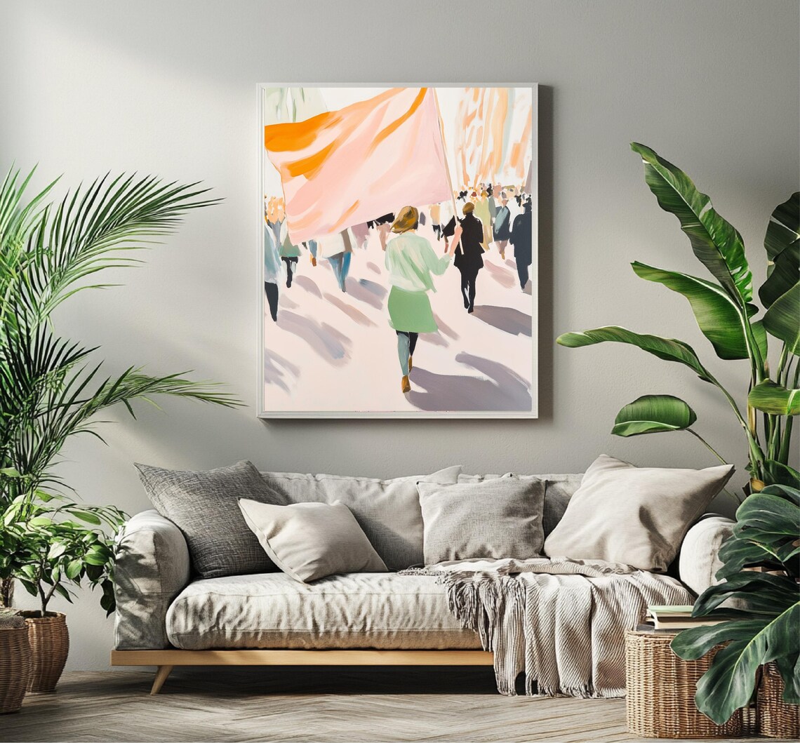 Woman Leading March With Pink Flag Crowd Empowerment Art Poster - Image 2