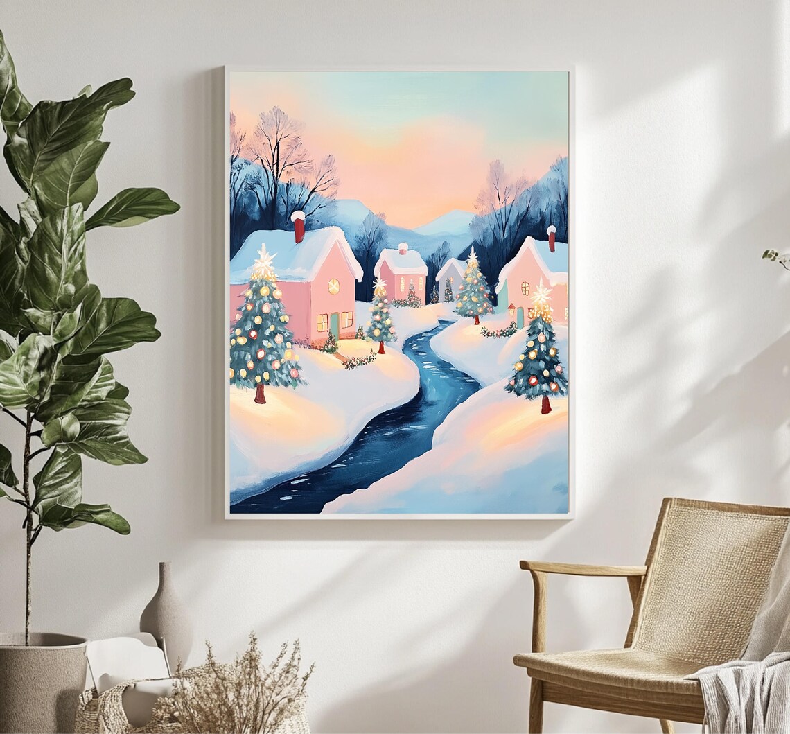 Pink Snowy Christmas Village Cottages River Holiday Scene Poster - Image 2