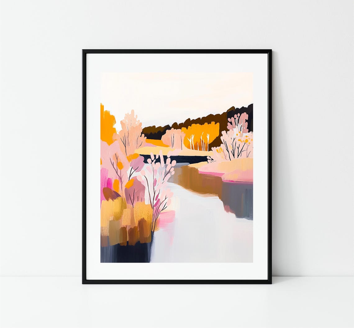 Pastel Autumn Riverside Birch Forest Golden Pink Foliage Art Poster - Image 3