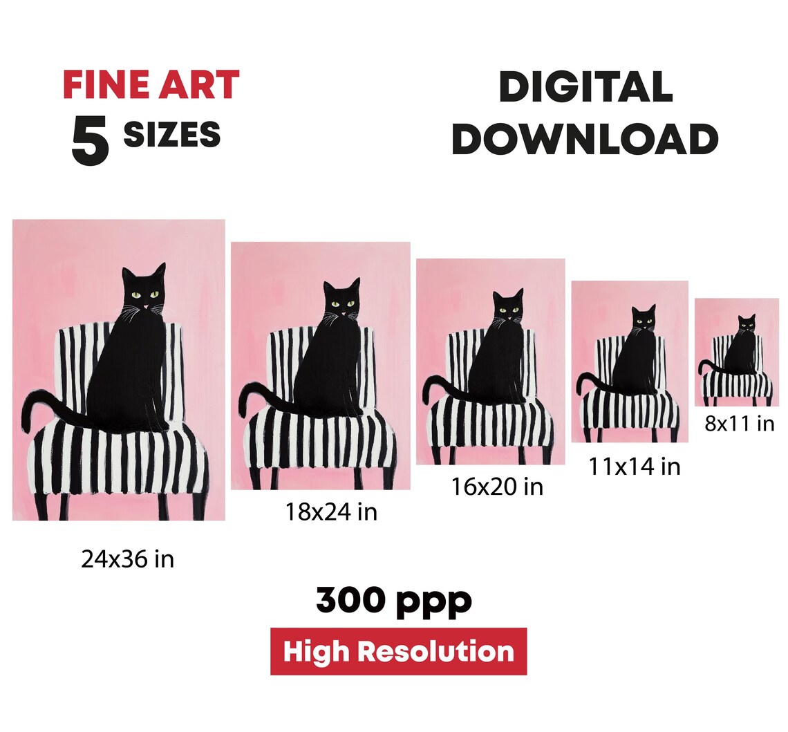 Black Cat On Striped Chair Pink Background Whimsical Cat Poster - Image 4