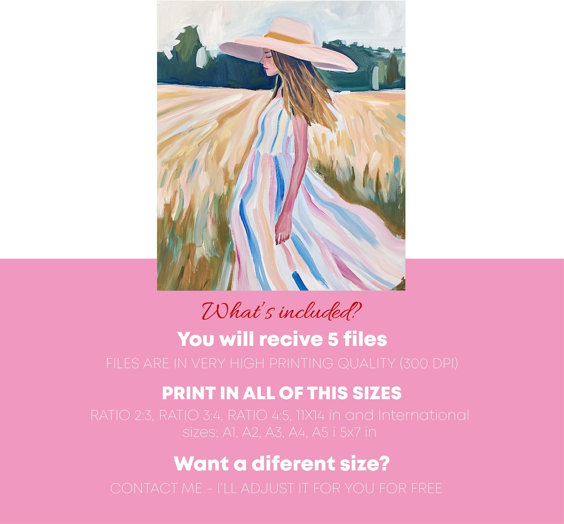 Woman Striped Dress Sun Hat Golden Field Summer Figure Art Poster - Image 2
