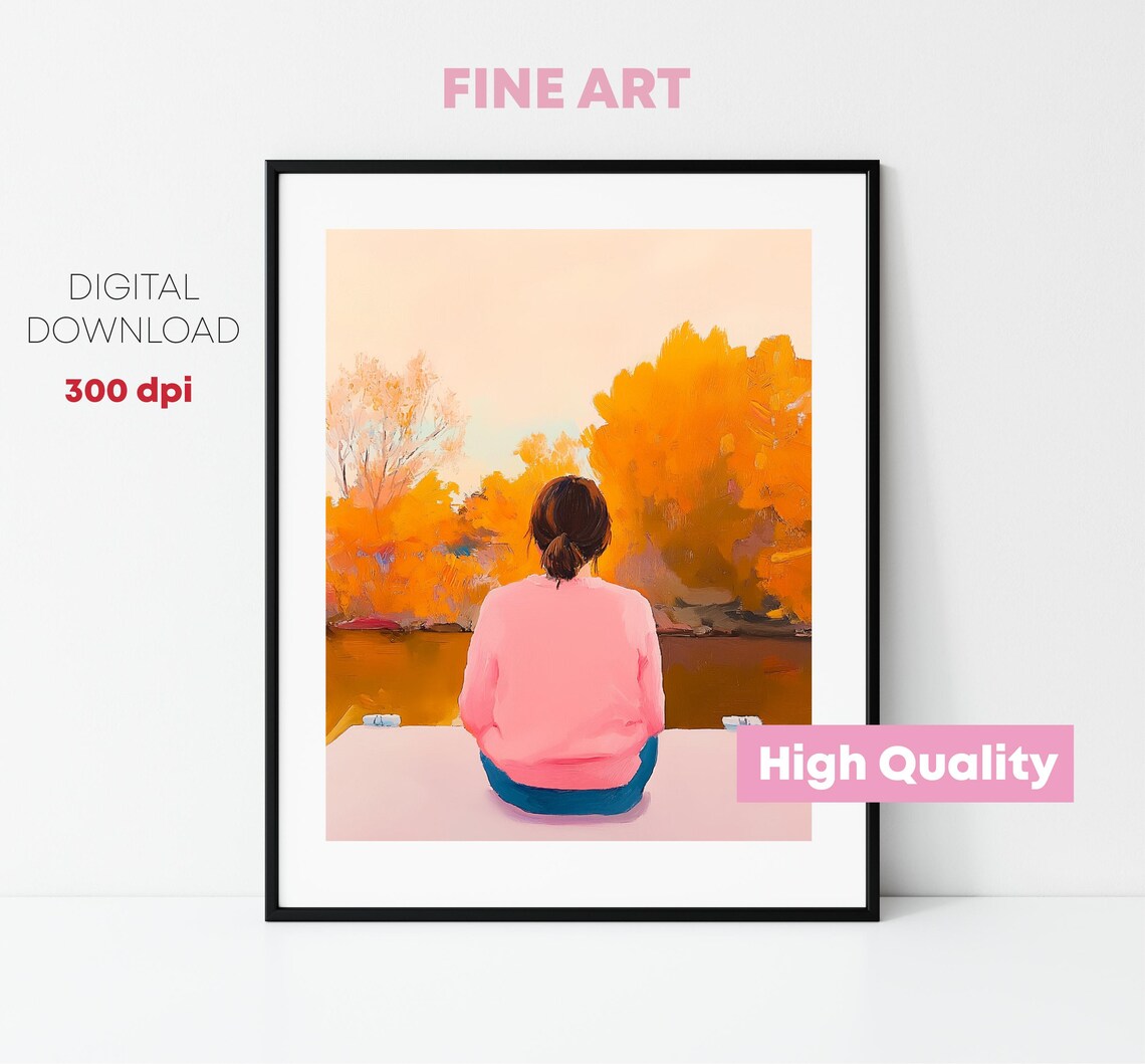 Woman In Pink Sweater Watching Autumn Lake Pastel Figurative Poster - Image 2