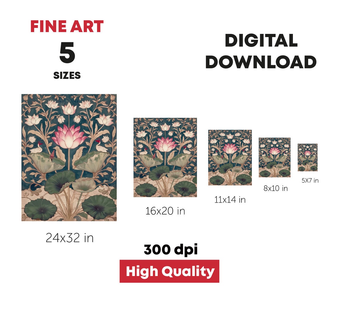 Indian Floral Lotus Bird Traditional Pattern Illustration Wall Art - Image 2