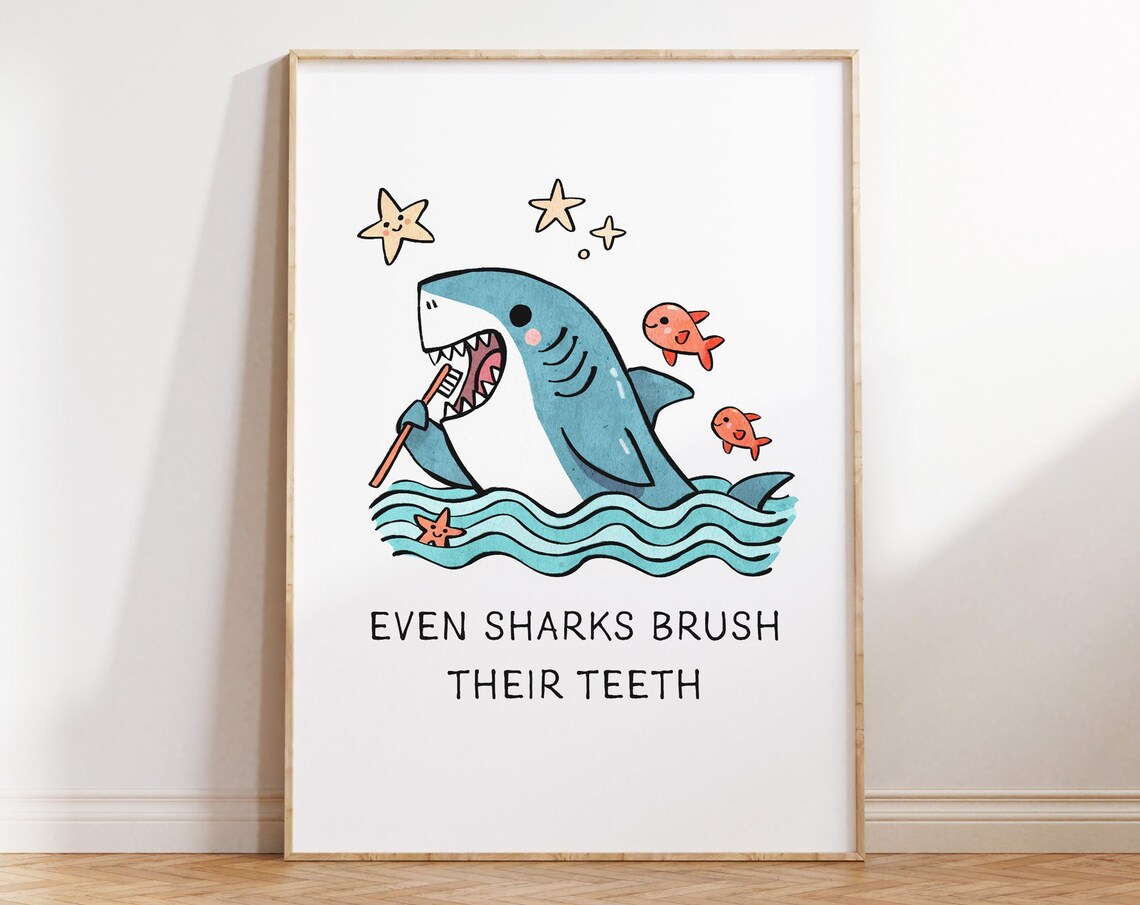 Even Sharks Brush Their Teeth Cute Shark Kids Bathroom Art Poster