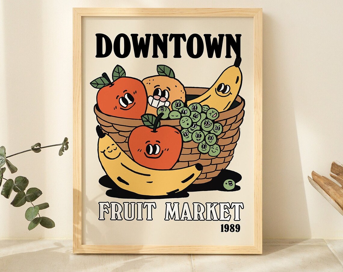 Downtown Fruit Market 1989 Banana Apple Retro Kitchen Cute Poster