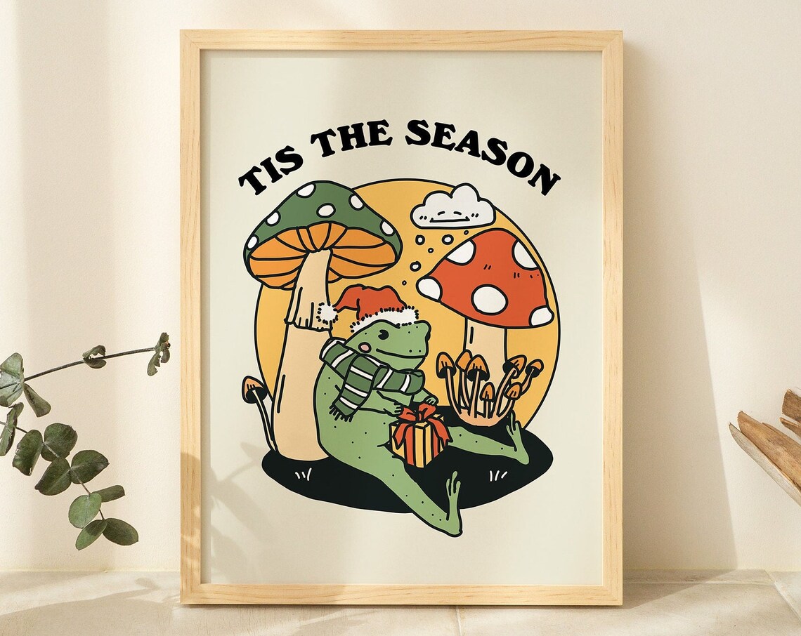 Tis The Season Retro Christmas Frog Mushroom Festive Holiday Poster - Image 3