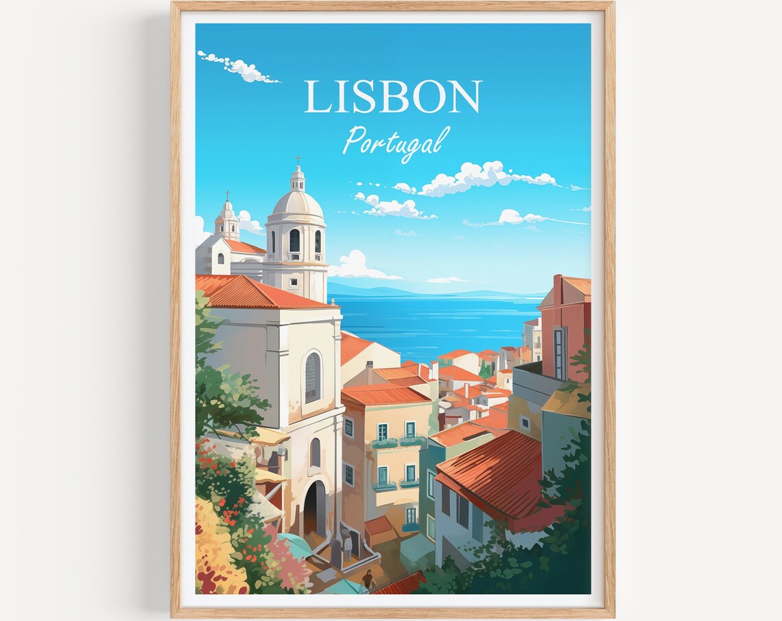 Lisbon Portugal Sunlit Old Town Red Roofs Church Dome Sea Poster
