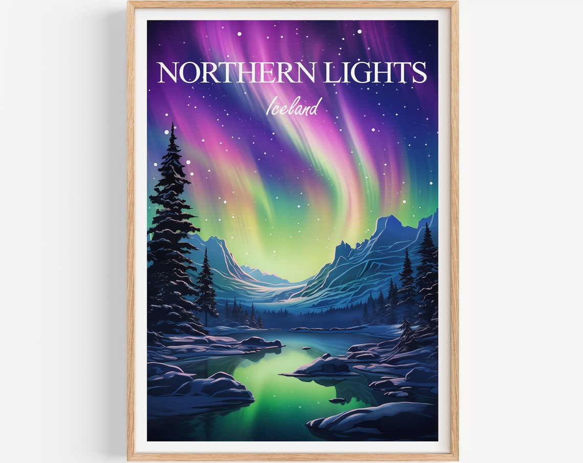 Northern Lights Poster Wall Art Decor Travel Illustration Iceland Vintage Print