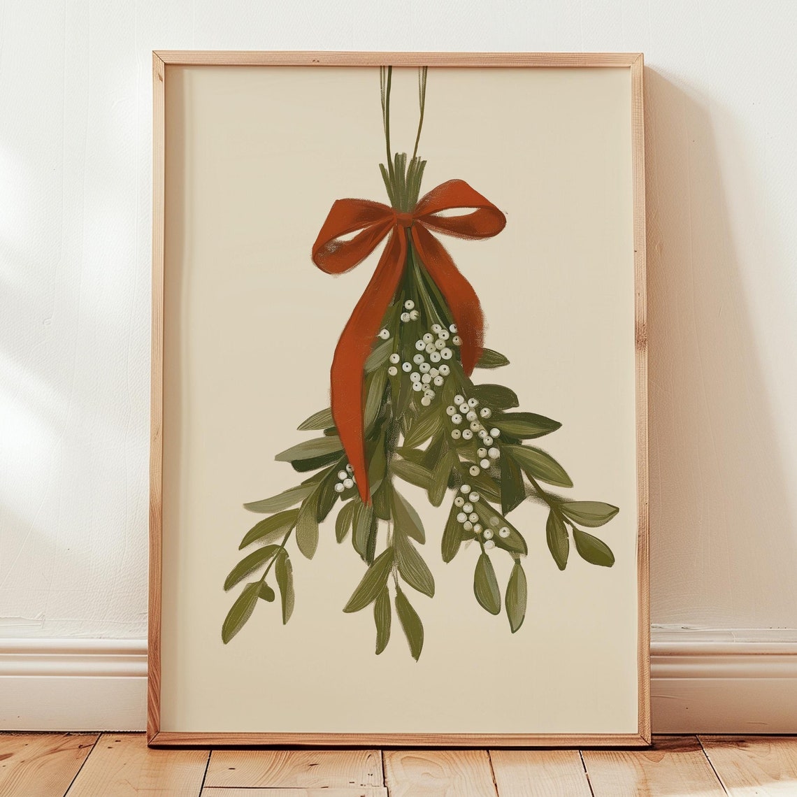 Mistletoe Red Velvet Bow Holiday Greenery Cream Background Art Print