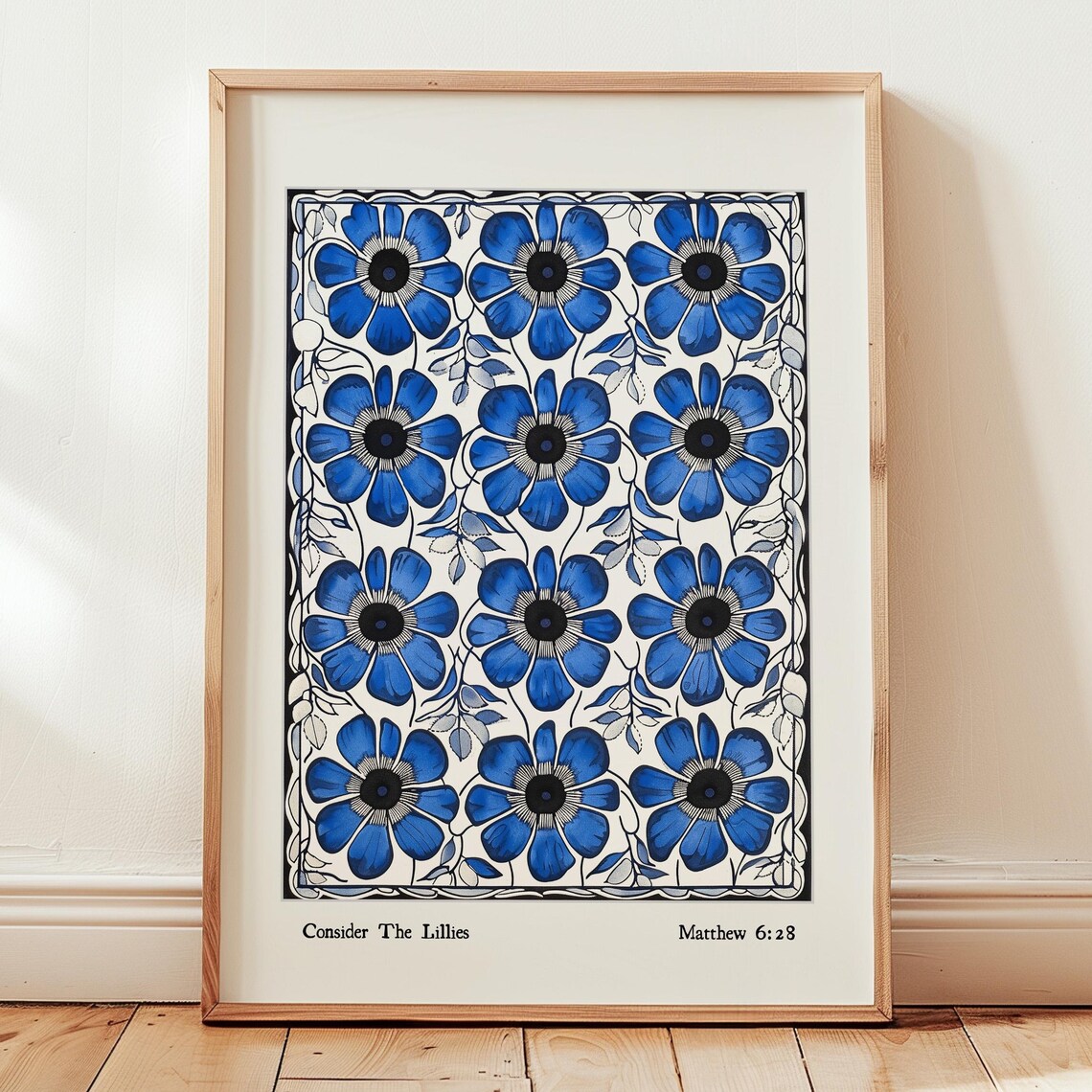 Matthew 6:28 Blue Anemone Floral William Morris Style Poster