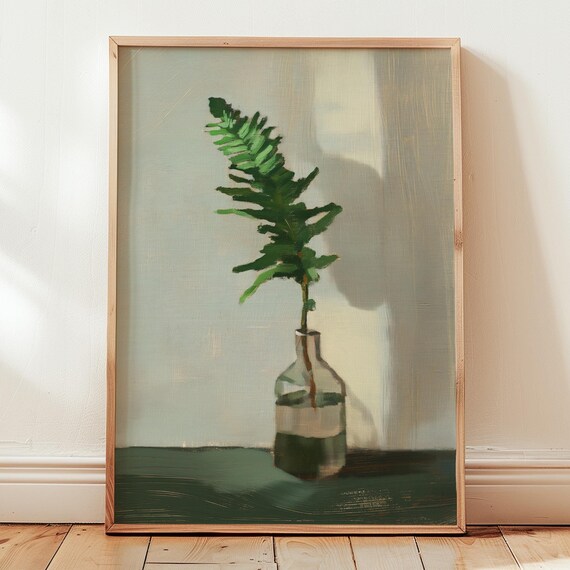 Fern Botanical Green Stem Glass Vase Moody Oil Painting Art Print