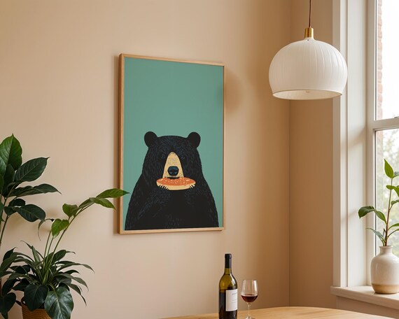 Adorable Black Bear Eating Pie Slice Minimalist Teal Kitchen Poster