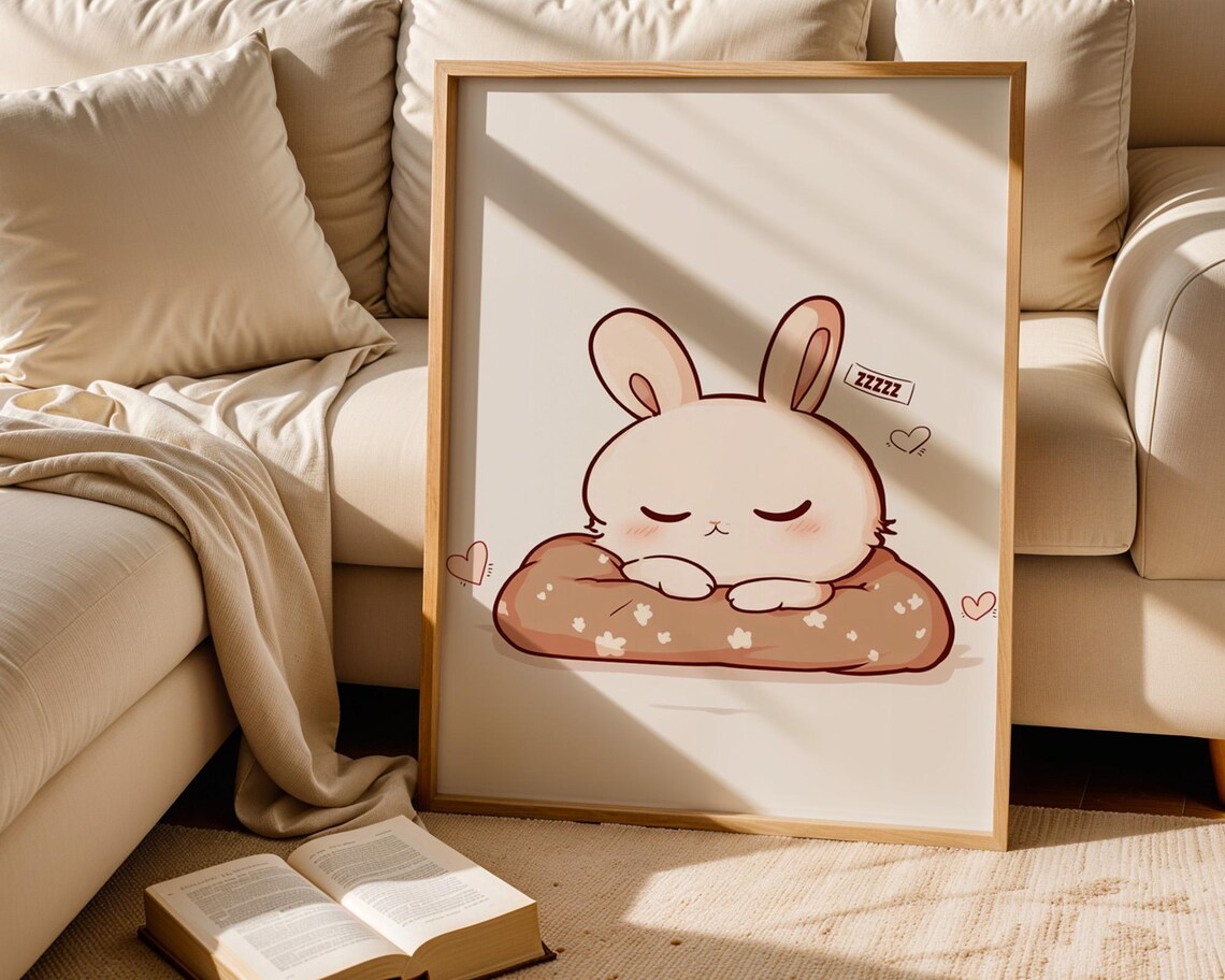 Cute Sleeping Bunny on Donut Pillow Kawaii Cartoon Animal Poster