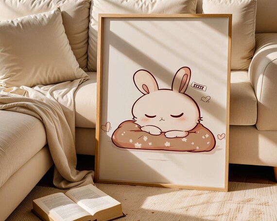 Cute Sleeping Bunny on Donut Pillow Kawaii Cartoon Animal Poster