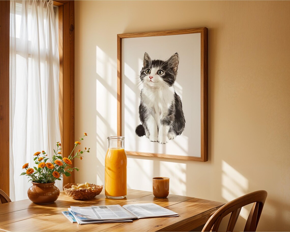 Sweet Black and White Kitten Sitting Cat Lovers Decor Poster - Image 4