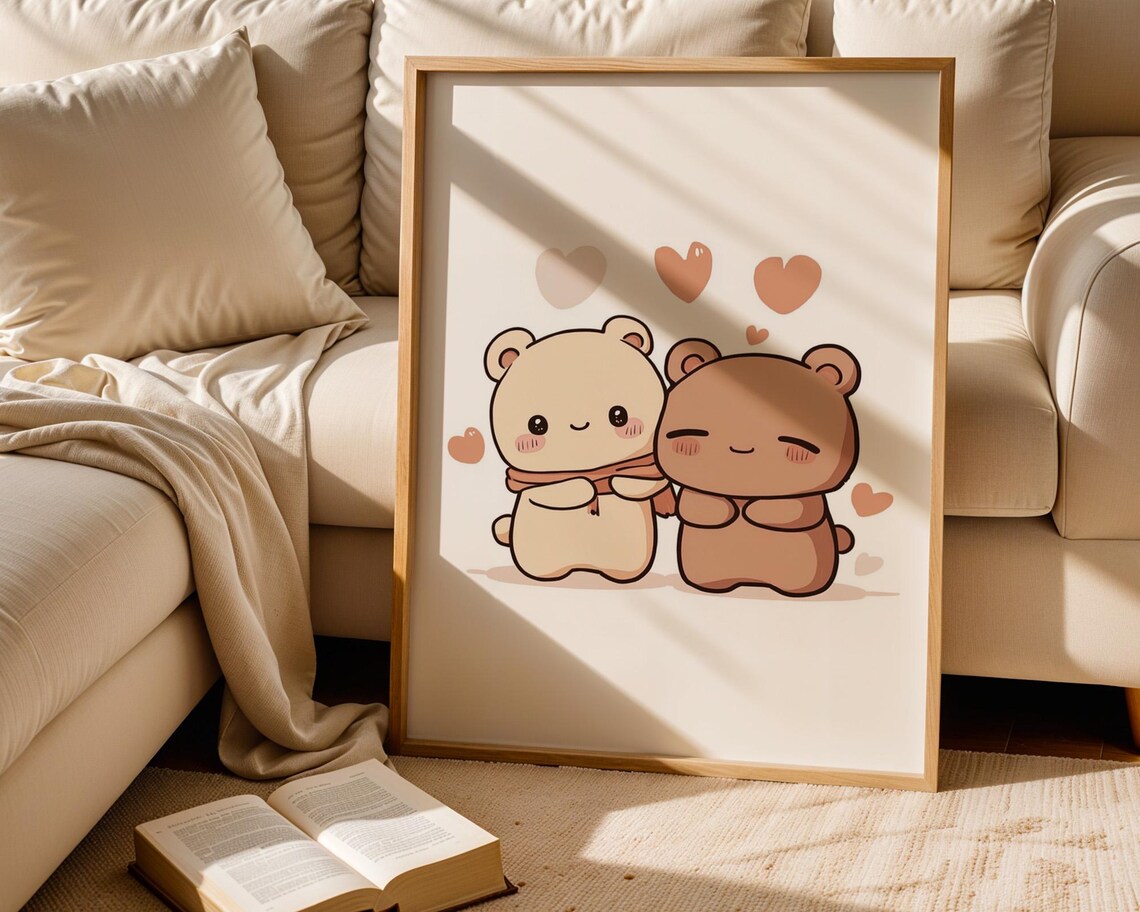 Cute Couple Bears Hugging Kawaii Animal Poster for Bedroom Wall Decor