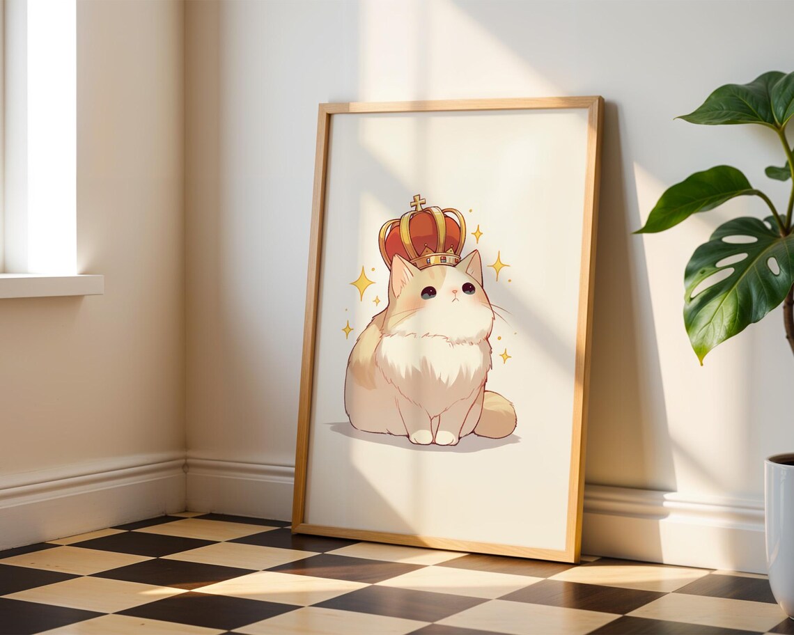 Cream Cat Wearing Royal Red Crown Cute Kawaii Kitty Wall Art - Image 3