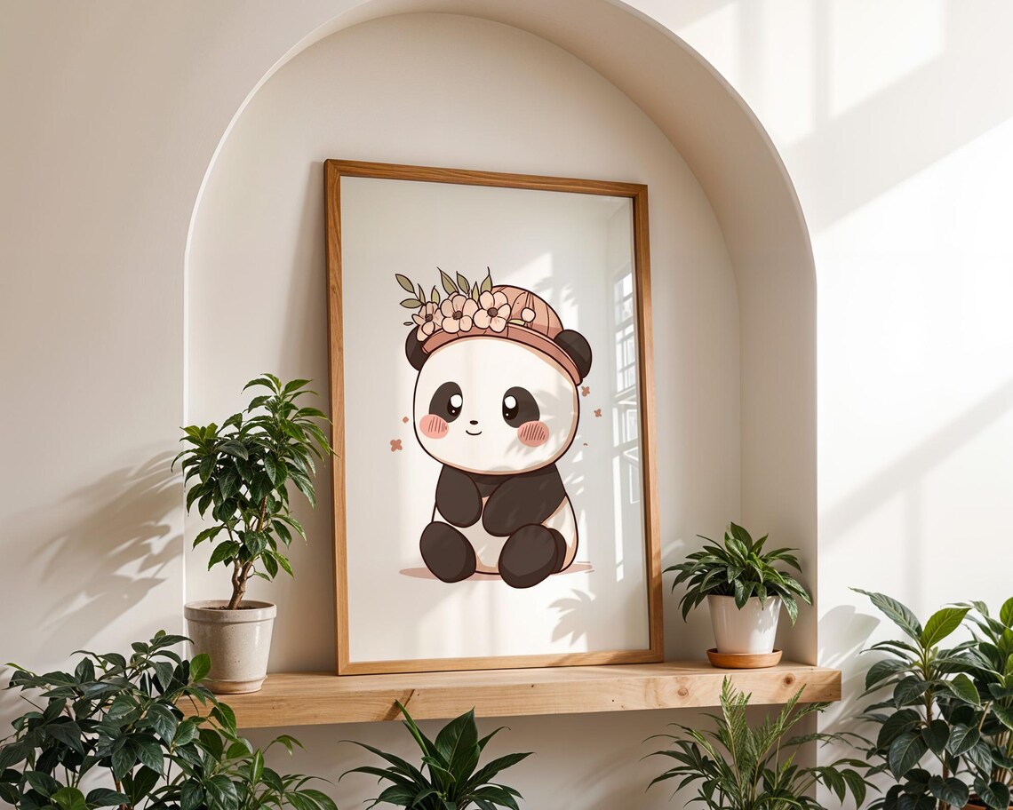 Cute Panda in Floral Hat Kawaii Animal Poster for Kids Room Wall Decor - Image 2