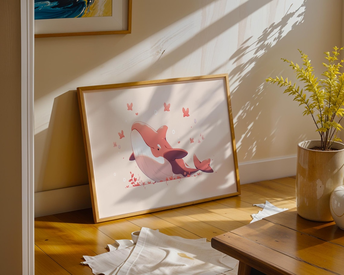 Cute Pink Whale Floating Among Butterflies Kawaii Wall Art in Soft Blush and Pastel Tones - Image 5