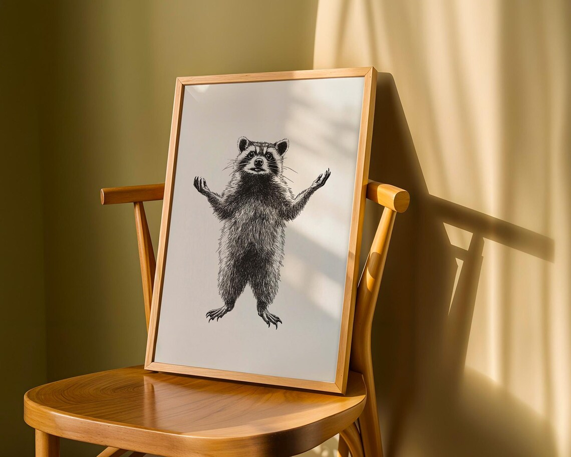 Vintage Standing Raccoon Engraving Animal Poster for Rustic Office Decor - Image 5