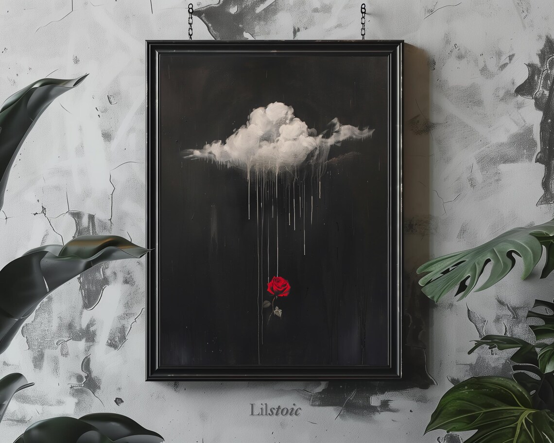 Dark Academia Rose And Rain Cloud Minimalist Art Print Gothic Home Decor Pdf Instant