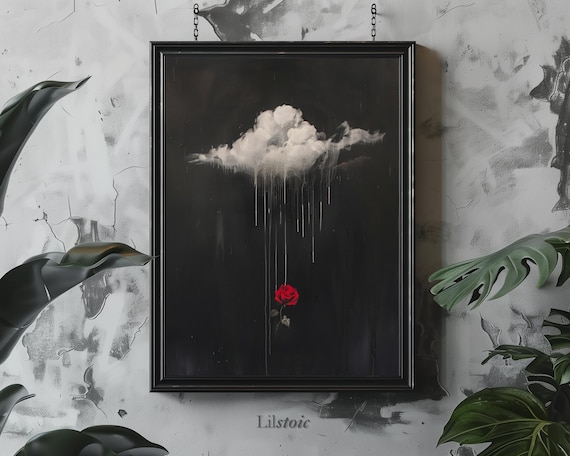 Dark Academia Rose And Rain Cloud Minimalist Art Print Gothic Home Decor Pdf Instant