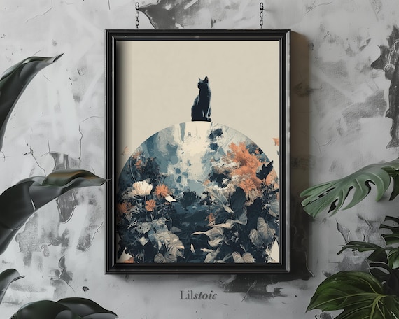 Black Cat Botanical Globe Print Surreal Feline Art Instant