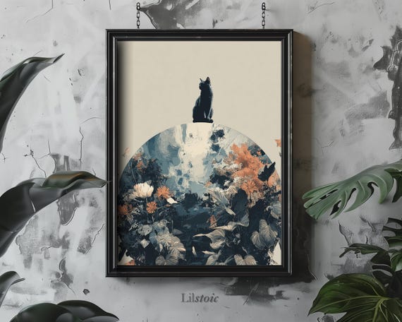 Black Cat Botanical Globe Surreal Feline Floral Fantasy Art Poster