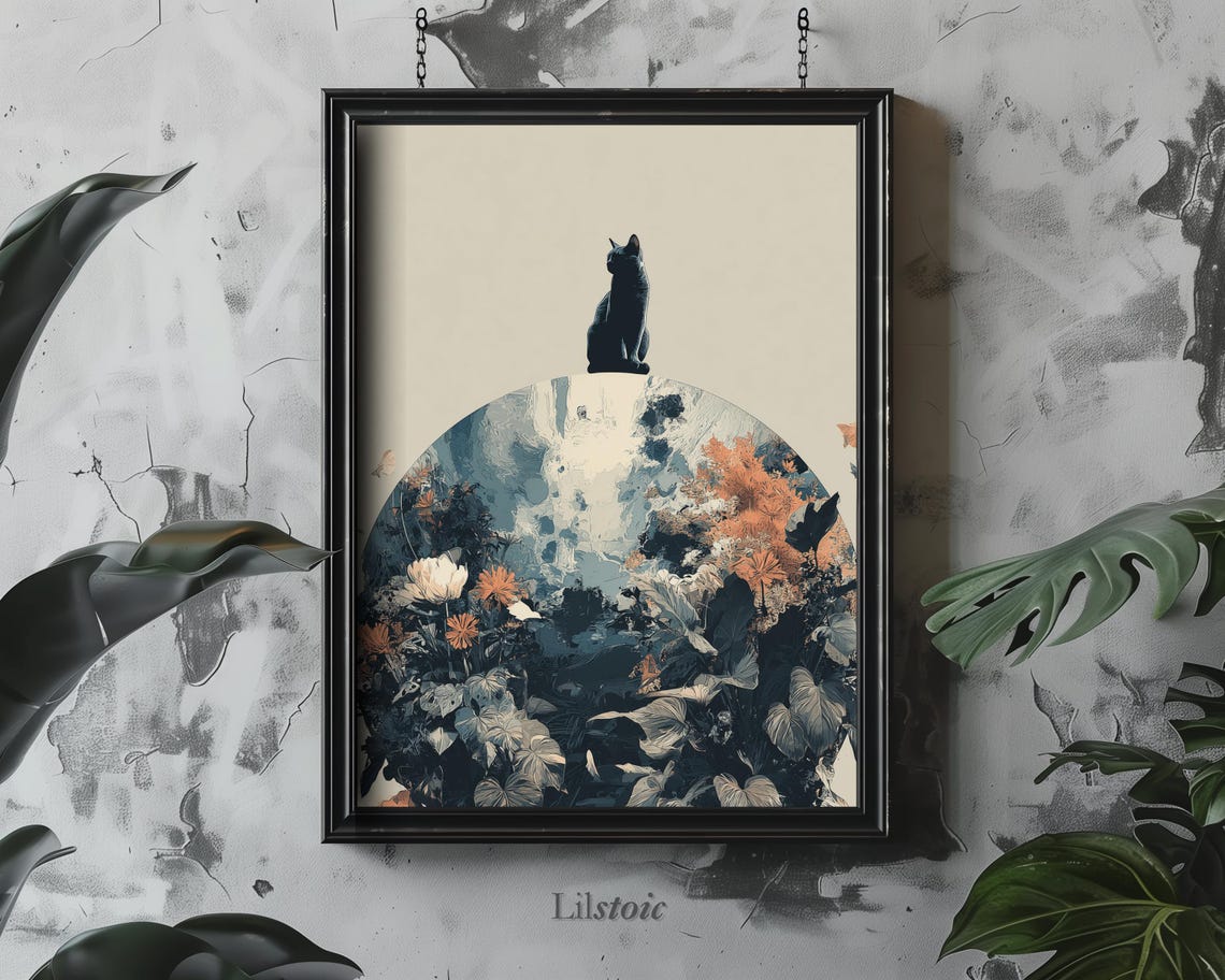 Black Cat Botanical Globe Surreal Feline Floral Fantasy Art Poster