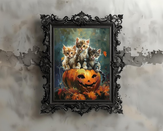 Gothic Halloween Cats Art Print Spooky Kittens On Pumpkin