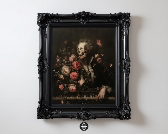 Skeleton Pianist With Roses Print Gothic Baroque Floral Wall Art Dark Academia Macabre Romantic Dcor 77