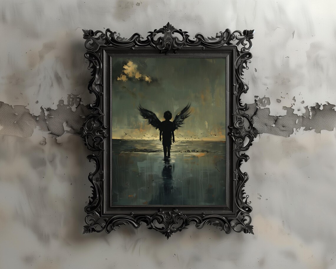 Dark Angel Child Wings Moody Seascape Gothic Silhouette Art Print