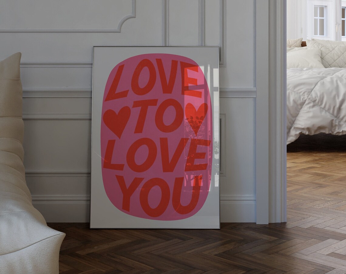 Love To Love You Bold Pink Red Color Block Heart Quote Poster - Image 3