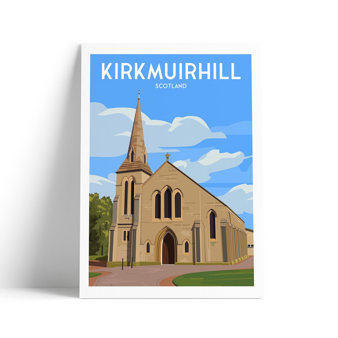 Kirkmuirhill Scotland Historic Stone Church with Tall Spire Travel Poster