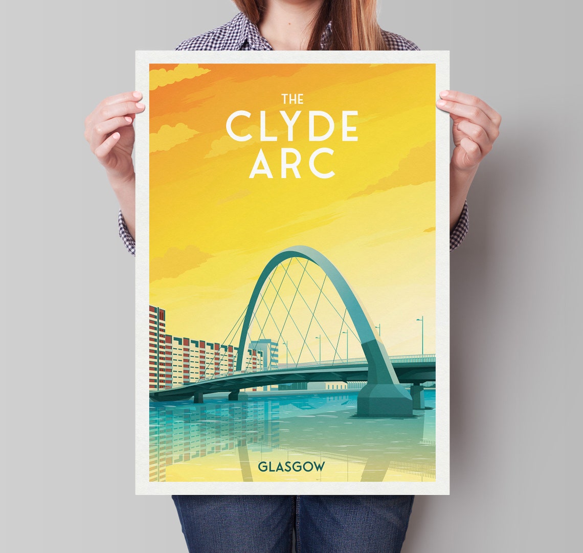 The Clyde Arc Glasgow Travel Poster with Bridge at Golden Sunset