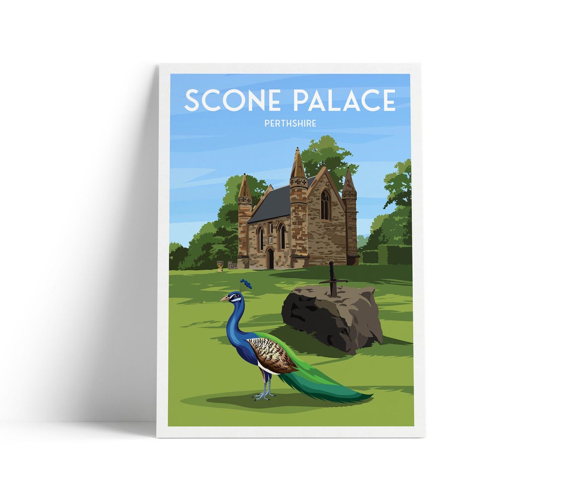 Scone Palace Perthshire Travel Poster Peacock Abbey Chapel Art