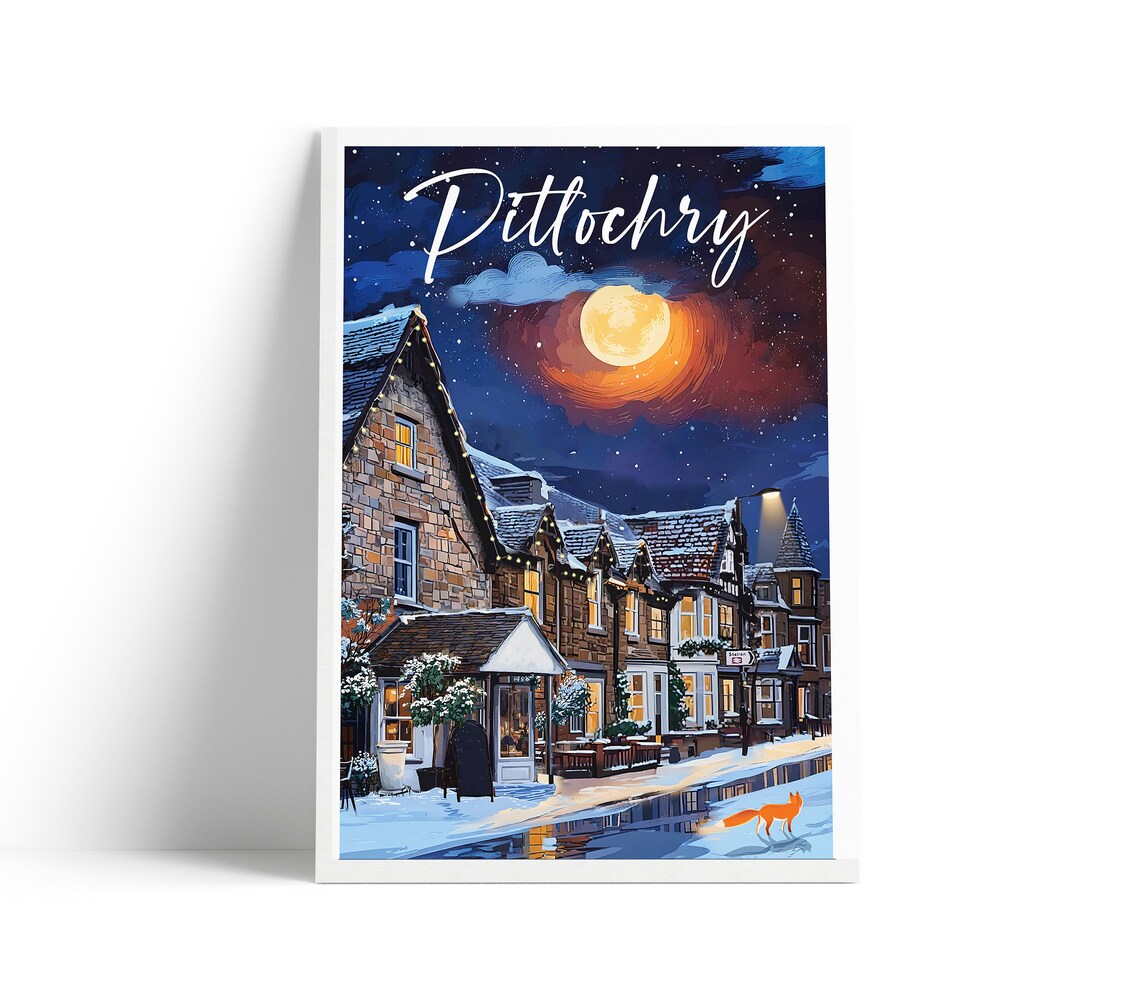 Pitlochry Scotland Winter Night Travel Poster Moonlit Snowy Street Scene