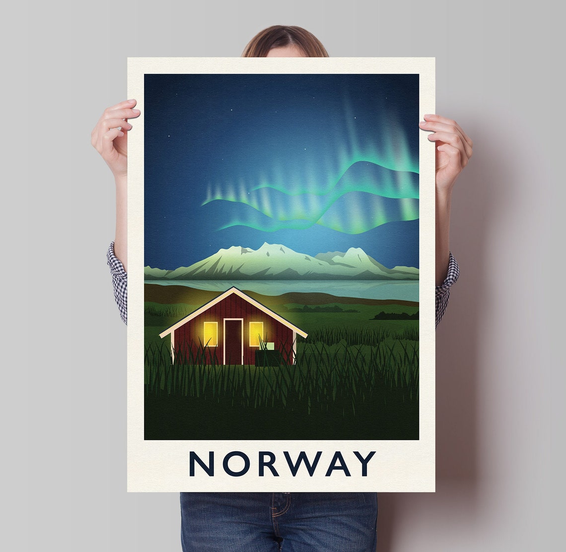 Norway Northern Lights Mountains Red Cabin Night Retro Travel Poster