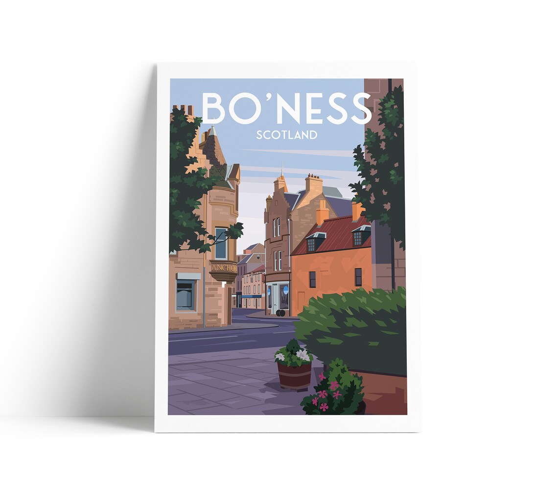Bo'ness Scotland Historic Stone Town Street Vintage Travel Poster