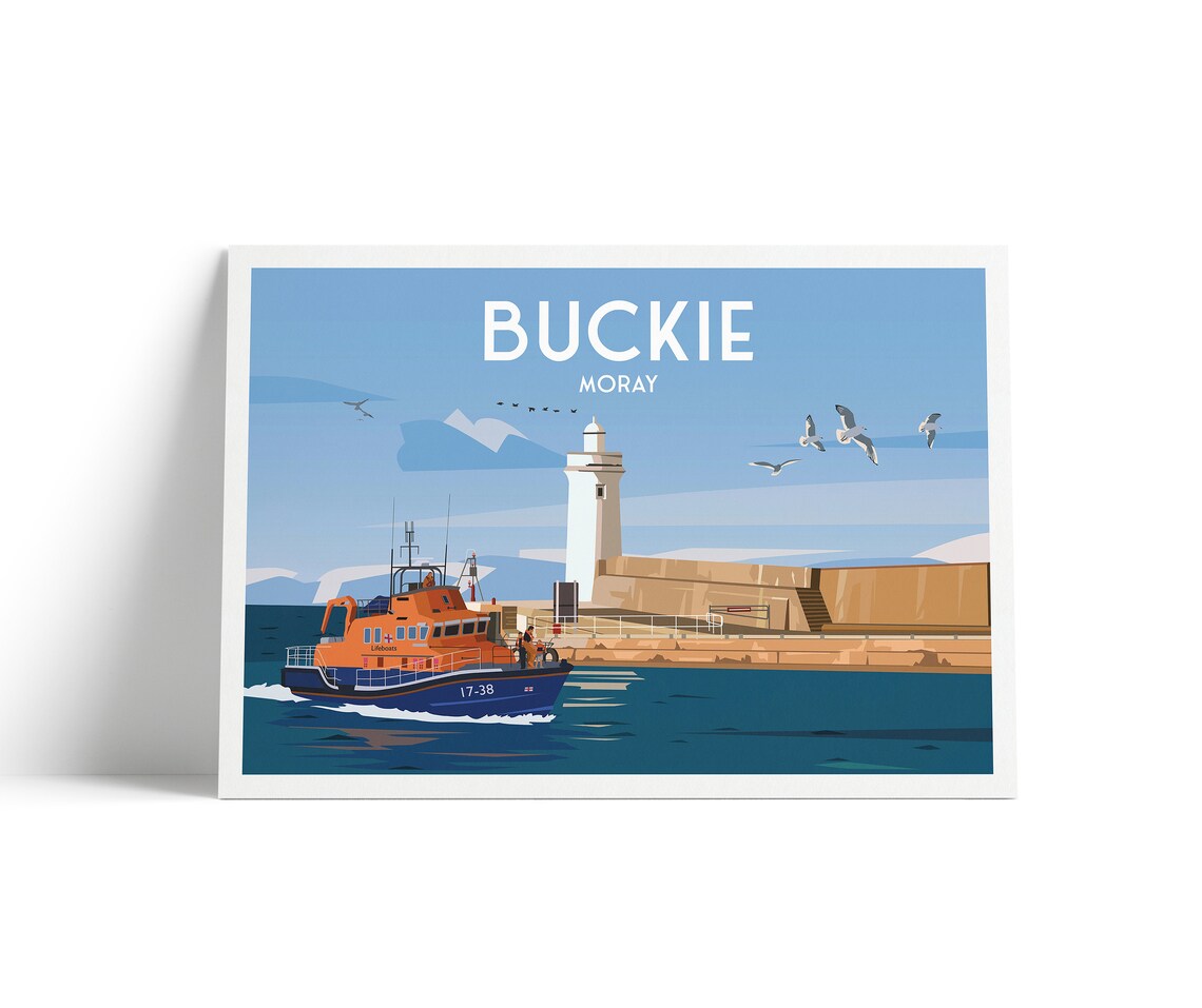 Buckie Moray Lighthouse Pier Harbour Travel Poster