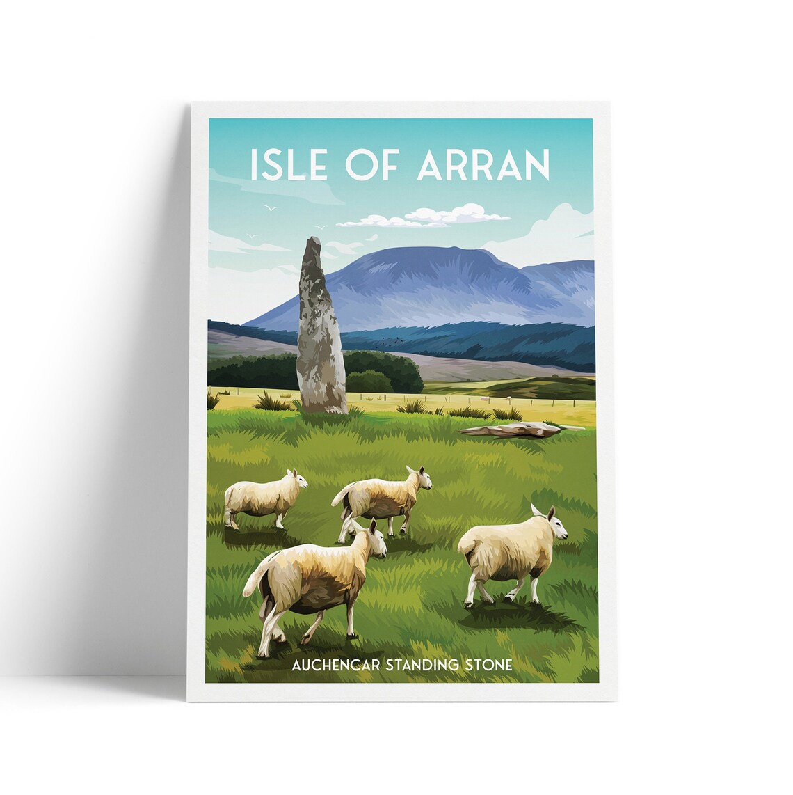 Isle of Arran Auchencar Standing Stone Sheep Meadow Vintage Travel Poster