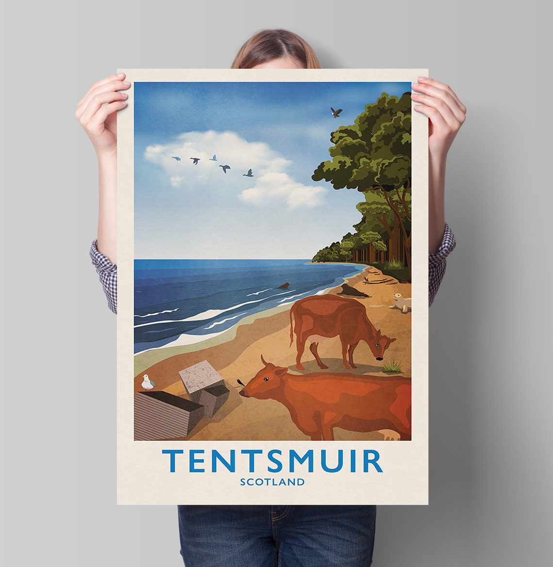 Tentsmuir Scotland Beach Highland Cows Vintage Travel Poster