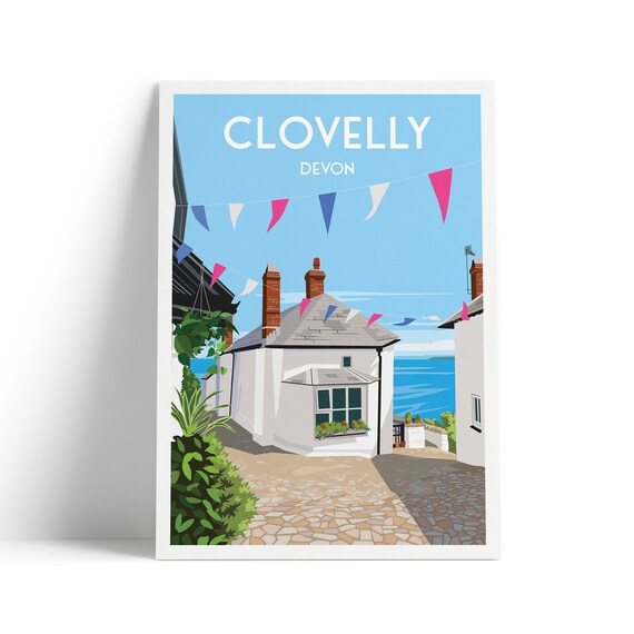 Clovelly Devon Cobblestone Cottage Bunting Seaside Travel Poster