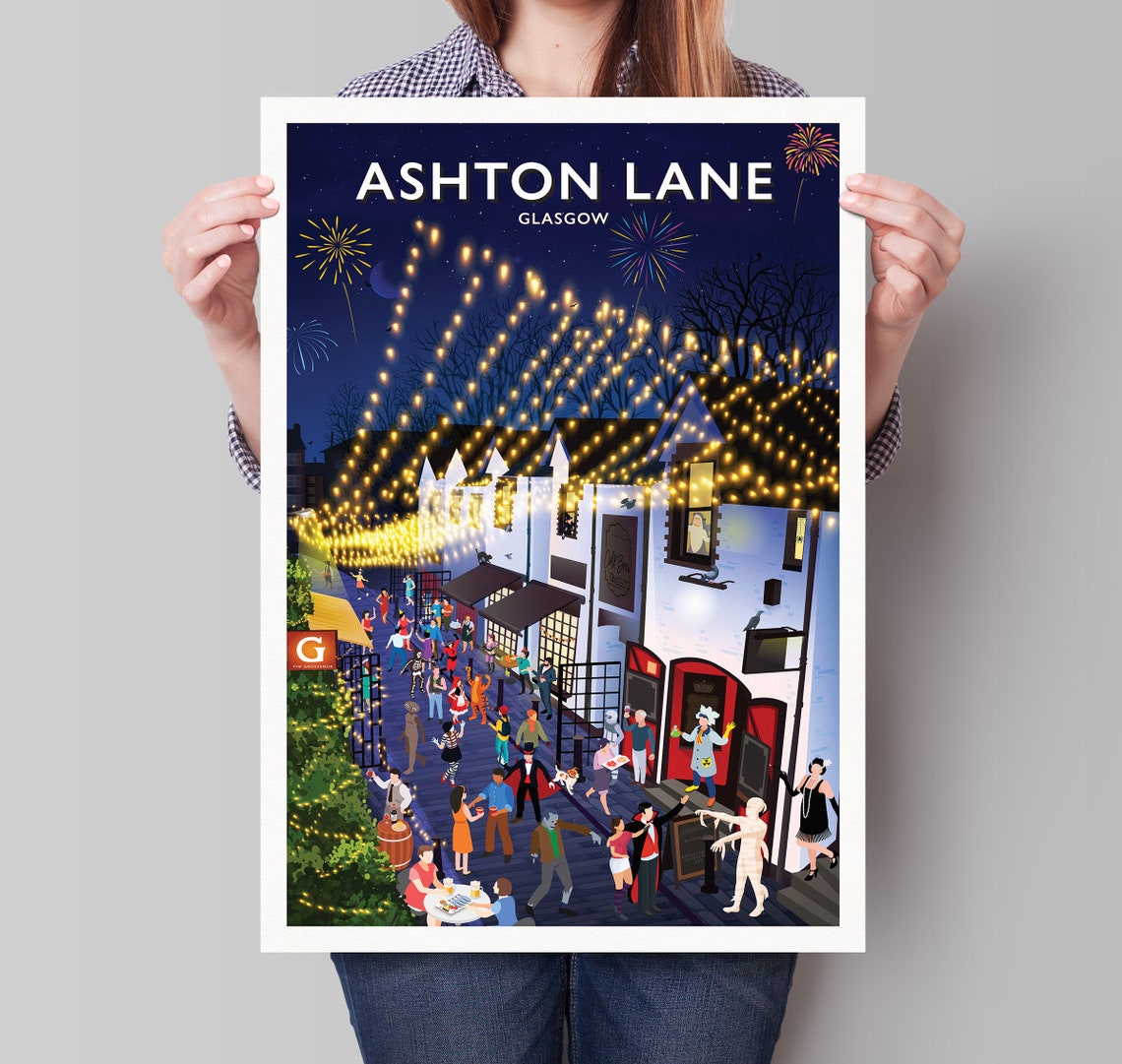 Ashton Lane Glasgow Travel Poster Fireworks Street Party Night Scene