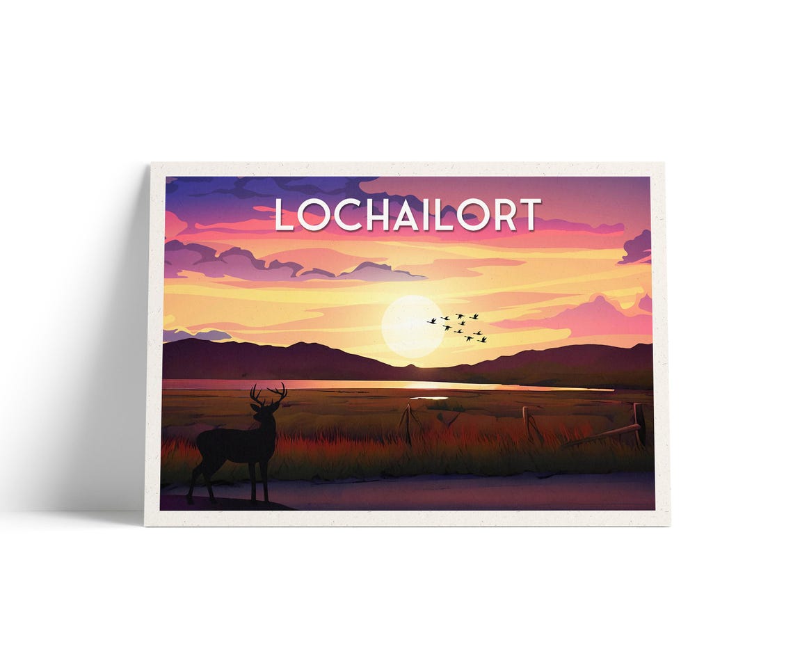 Lochailort Scotland Highland Sunset Travel Poster Stag Deer Art