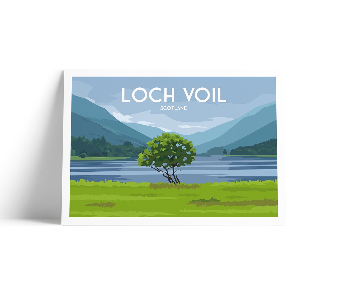 Loch Voil Scotland Lone Tree Lakeside Mountains Calm Morning Travel Poster